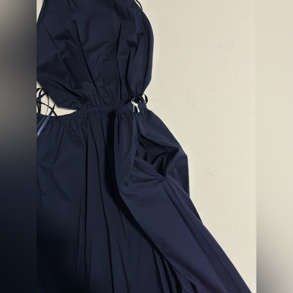 STAUD Vanessa halterneck cotton blend poplin dress pocket tie back midi navy xl - Picture 12 of 14